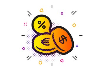 Banking currency sign. Halftone circles pattern. Coins money icon. Euro and Dollar Cash symbols. Cashback service. Classic flat currency exchange icon. Vector