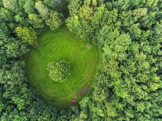 Round meadow in a park, Drone top view. Green forest and trees.