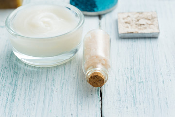 hygiene and beauty product samples, powder compact, spray, soap, moisturizer