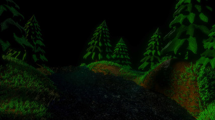 stylized three-dimensional fir forest at night. 3d rendering illustration