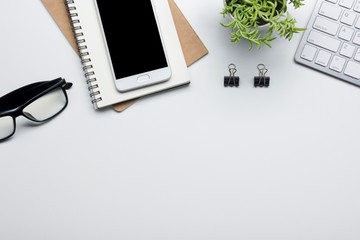 Office desk table with supplies. Flat lay Business workplace and objects. Top view. Copy space for text