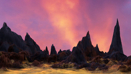 3d illustration of an alien planet with mountains and a colorful sky in the background. 3D render.