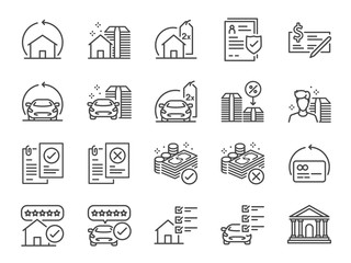Refinance line icon set. Included icons as mortgage, loan,&nbsp;interest rate, asset, home, car and more.