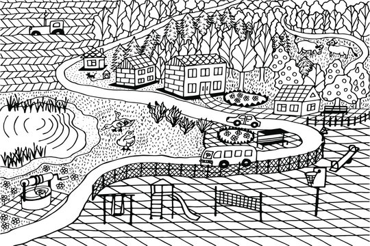 landscape of the city, village, road, houses, well, ducks, cows, playground, trees. eps10 vector illustration. hand drawing