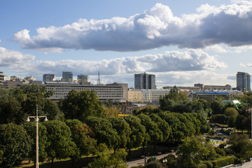 Fototapeta premium top View on the historical center of the city from the roof of the Central entrance to Gorky Park in Moscow Russia