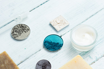 hygiene and beauty product samples, powder compact, spray, soap, moisturizer