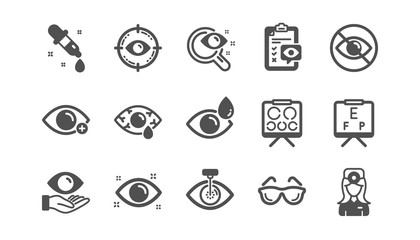 Optometry, Eye doctor icons. Medical laser surgery, glasses and eyedropper. Pink eye, Cataract surgery and allergy icons. Optician board, oculist chart. Classic set. Quality set. Vector