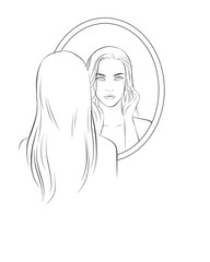 A woman looking on her face skin in the mirror and look worried or concern about the Aging skin problem. vector illustration isolated cartoon hand drawn