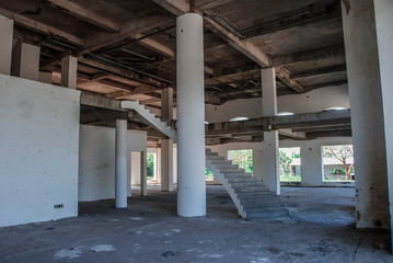Interior of white abandoned building, urbex 