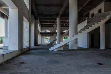 Interior of white abandoned building, urbex 