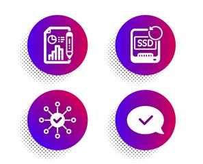 Fototapeta premium Report document, Recovery ssd and Survey check icons simple set. Halftone dots button. Approved message sign. Growth chart, Backup info, Correct answer. Accepted chat. Education set. Vector