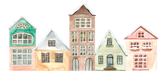 Fototapeta premium Hand painted watercolor cute house. Isolated on white background. Hand drawn illustration.