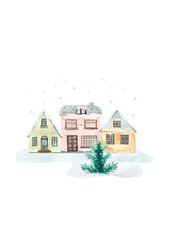 Hand painted watercolor cute house. Isolated on white background. Hand drawn illustration.