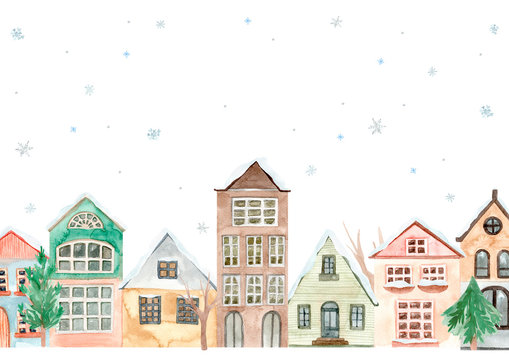 Hand painted watercolor cute house. Isolated on white background. Hand drawn illustration.
