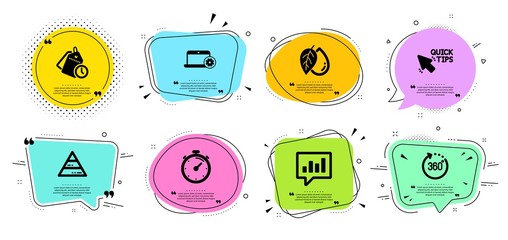 Analytical chat, Quick tips and Time management line icons set. Chat bubbles with quotes. 360 degrees, Mineral oil and Pyramid chart signs. Timer, Notebook service symbols. Vector