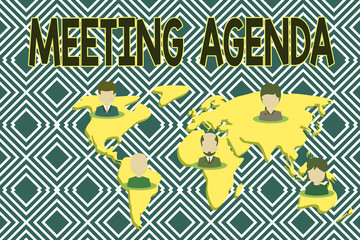 Text sign showing Meeting Agenda. Business photo showcasing items that participants hope to accomplish at a meeting Connection multiethnic persons all over world. Global business earth map
