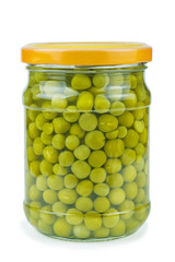 Glass jar with conserved green peas
