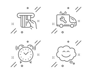 Credit card, Car service and Alarm clock line icons set. Smile chat sign. Atm payment, Repair service, Time. Happy face. Technology set. Line credit card outline icon. Vector