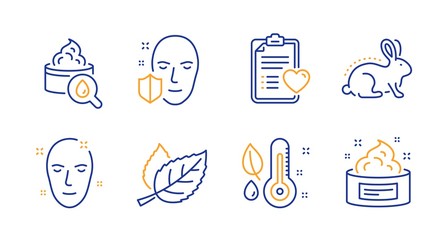 Animal tested, Patient history and Health skin line icons set. Thermometer, Face protection and Leaf signs. Moisturizing cream, Skin cream symbols. Bio product, Medical survey. Vector