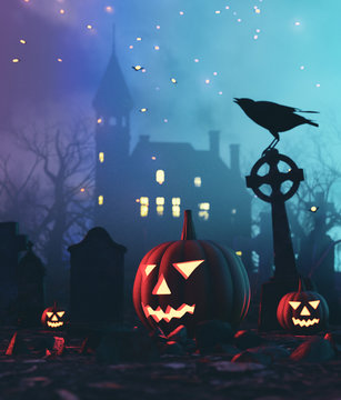 Graveyard on halloween fantasy night,3d illustration
