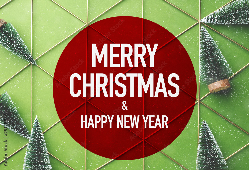 Poster merry christmas and happy new year in red circle with green christman tree on green lime background 