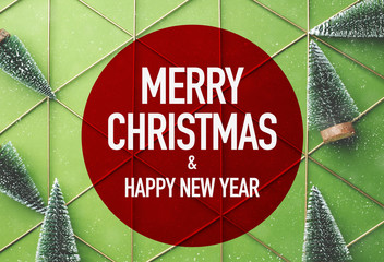 Merry Christmas and Happy New Year in red circle with green christman tree on  green lime...