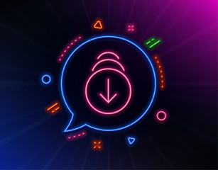 Scroll down arrow line icon. Neon laser lights. Scrolling screen sign. Swipe page. Glow laser speech bubble. Neon lights chat bubble. Banner badge with scroll down icon. Vector