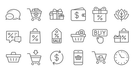 Shopping line icons. Gift, Percent sign and Sale discount. Delivery linear icon set. Quality line set. Vector