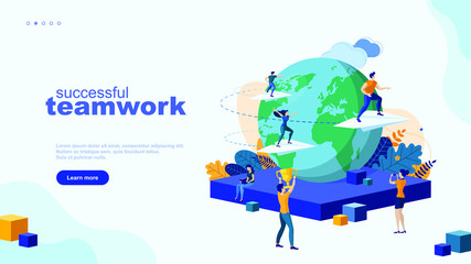 Trendy flat illustration. Successful teamwork page concept. Globalization. International business project. Competition. Goal achievement.Template for your design works. Vector graphics.