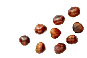 Chestnut Isolated. Ripe sweet chestnuts for Christmas  on white background. Top view. Flat lay.
