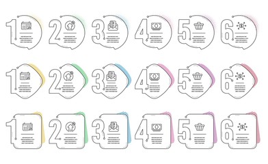 Credit card, Loan percent and Shop cart line icons set. Infographic timeline. Calendar graph, Dollar exchange and Cash money signs. Mail, Growth rate, Web buying. Annual report. Finance set. Vector