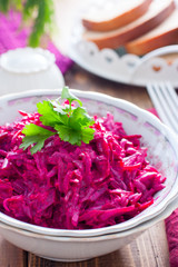 Boiled beet salad with garlic and mayonnaise, selective focus