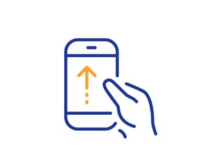 Scrolling arrow sign. Swipe up phone line icon. Landing page scroll symbol. Colorful outline concept. Blue and orange thin line swipe up icon. Vector