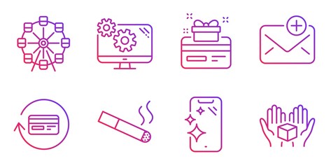 Loyalty card, Smoking and Ferris wheel line icons set. Settings, Refund commission and Smartphone clean signs. New mail, Hold box symbols. Bonus points, Cigarette. Gradient loyalty card icon. Vector