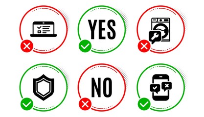 Web lectures, Security and Washing machine icons simple set. Yes no check box. Phone survey sign. Online test, Protection shield, Repair service. Mobile quiz test. Technology set. Vector