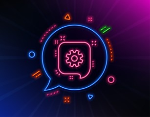 Cogwheel line icon. Neon laser lights. Technical settings sign. Glow laser speech bubble. Neon lights chat bubble. Banner badge with cogwheel icon. Vector