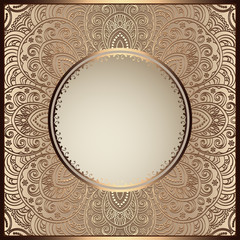 Vintage golden frame with round hole, ornamental swirly background, elegant gold decoration for packaging design, filigree lace pattern for wedding invitation or gift card. Place for text.