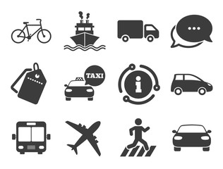 Car, bike, bus and taxi signs. Discount offer tag, chat, info icon. Transport icons. Shipping delivery, pedestrian crossing symbols. Classic style signs set. Vector