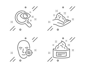 Vision test, Problem skin and Skin care line icons set. Eyesight check, Facial care, Hand cream. Medical cosmetic. Medical set. Line vision test outline icon. Vector
