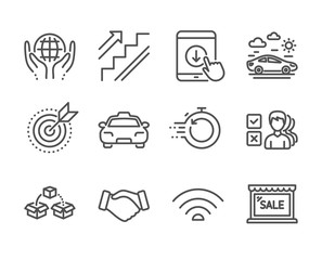 Set of Business icons, such as Parcel shipping, Target purpose, Car travel, Opinion, Taxi, Fast recovery, Scroll down, Stairs, Sale, Handshake, Wifi, Organic tested line icons. Vector