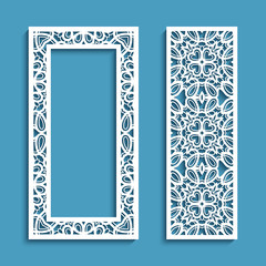 Obraz premium Elegant panels with lace pattern, stencil ornament and rectangle frame for laser cutting or wood carving, lacy decoration for wedding invitation card with place for text