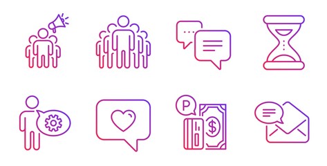 Dots message, Cogwheel and Brand ambassador line icons set. Parking payment, Group and Love message signs. Time, New mail symbols. Chat bubble, Engineering tool. Technology set. Vector