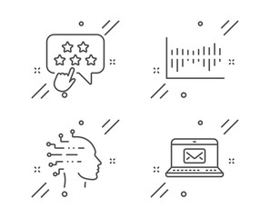Artificial intelligence, Ranking star and Column diagram line icons set. E-mail sign. Mind intellect, Click rank, Sale statistics. New message. Education set. Vector