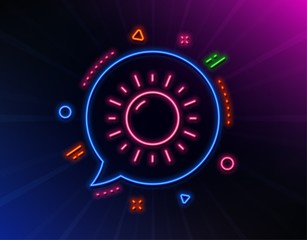 Sunny weather forecast line icon. Neon laser lights. Summer sun sign. Glow laser speech bubble. Neon lights chat bubble. Banner badge with sunny weather icon. Vector