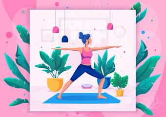 Woman doing yoga at home vector illustration. Healthy lifestyle.