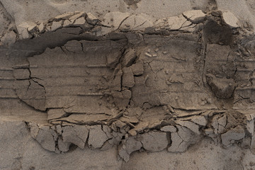 Close-up of a car tire deep track on wet sand