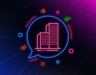 Skyscraper buildings line icon. Neon laser lights. City architecture sign. Town symbol. Glow laser speech bubble. Neon lights chat bubble. Banner badge with skyscraper buildings icon. Vector