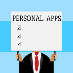 Writing note showing Personal Apps. Business concept for Organizer Online Calendar Private Information Data Just man chest dressed dark suit tie holding big rectangle
