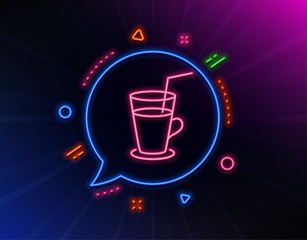 Coffee or Cocktail line icon. Neon laser lights. Fresh drink sign. Beverage symbol. Glow laser speech bubble. Neon lights chat bubble. Banner badge with cocktail icon. Vector