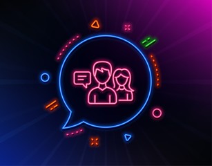 Obraz na płótnie Canvas People talking line icon. Neon laser lights. Conversation sign. Communication speech bubbles symbol. Glow laser speech bubble. Neon lights chat bubble. Banner badge with people talking icon. Vector